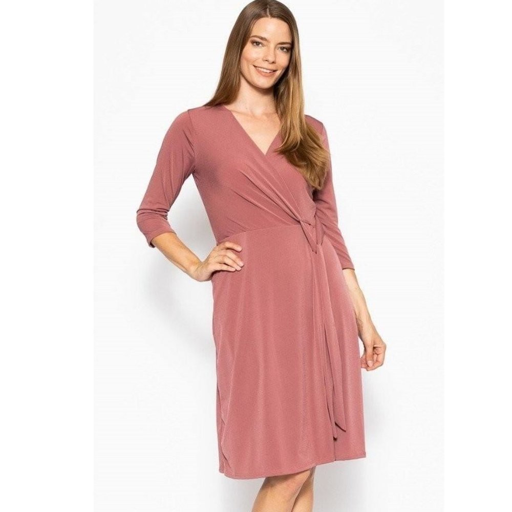 Midi 3/4 sleeve dress with belted wait and v-neck
